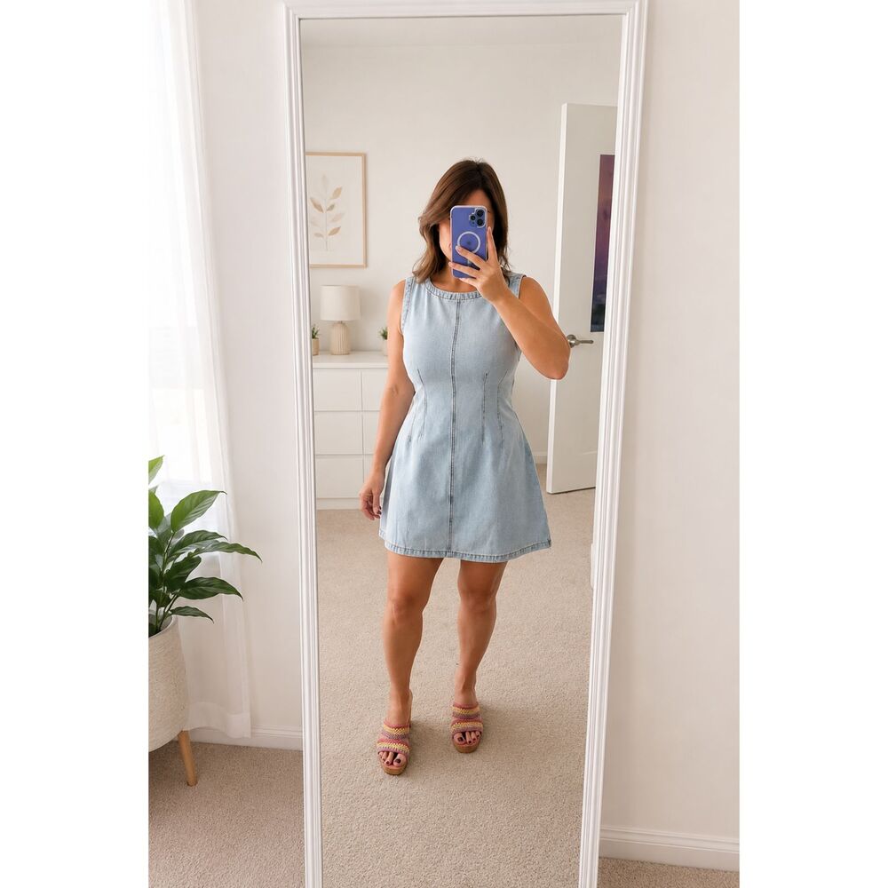 MABLE Light Wash Denim Mini Dress NWT Size S Sleeveless A-Line Zip Back